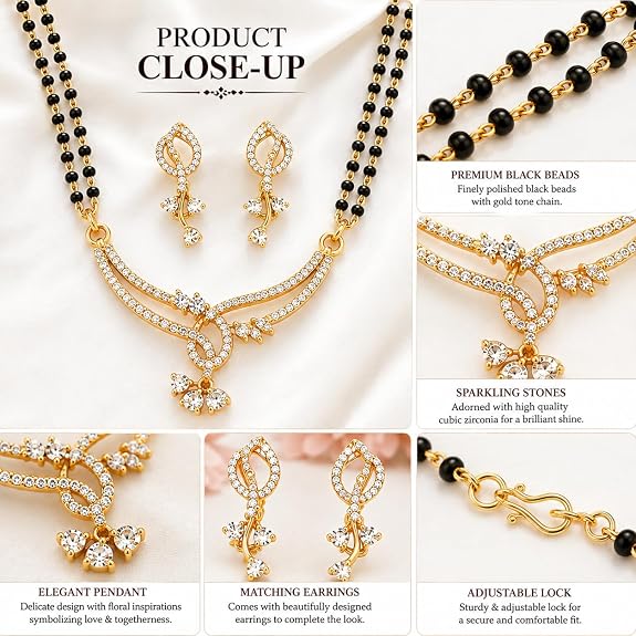 Elegant Crystal Studded Gold Tone Mangalsutra Necklace Set