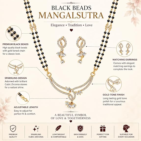 Elegant Crystal Studded Gold Tone Mangalsutra Necklace Set