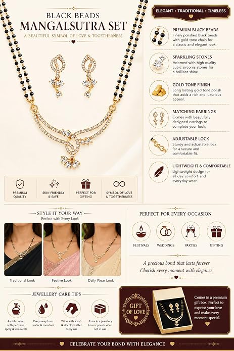 Elegant Crystal Studded Gold Tone Mangalsutra Necklace Set