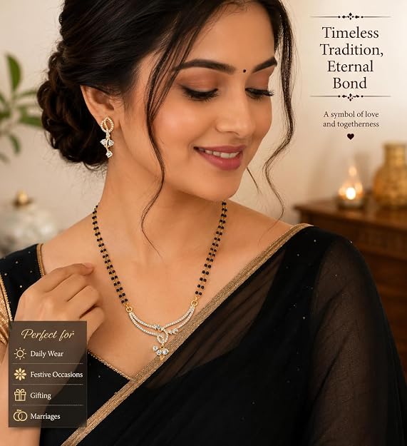 Elegant Crystal Studded Gold Tone Mangalsutra Necklace Set