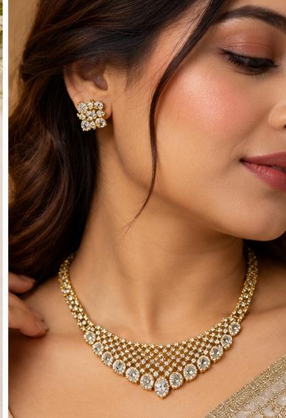 Elegant Gold-Tone American Diamond Necklace Set with Matching Earrings