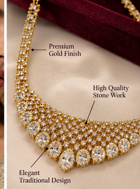 Elegant Gold-Tone American Diamond Necklace Set with Matching Earrings