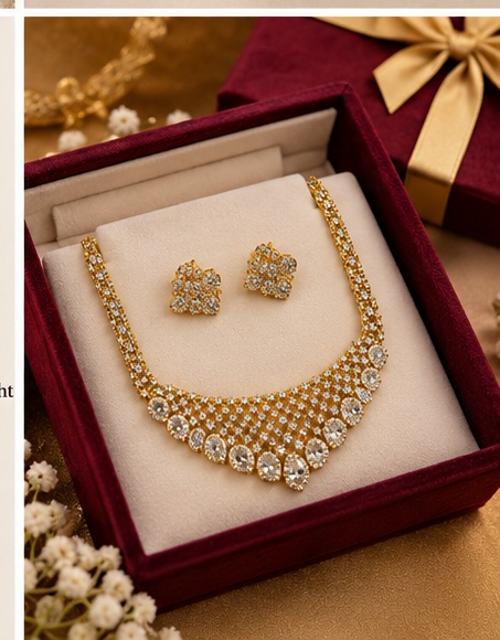 Elegant Gold-Tone American Diamond Necklace Set with Matching Earrings