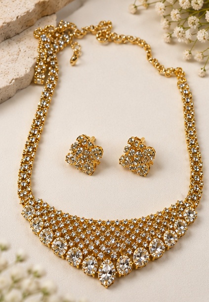 Elegant Gold-Tone American Diamond Necklace Set with Matching Earrings