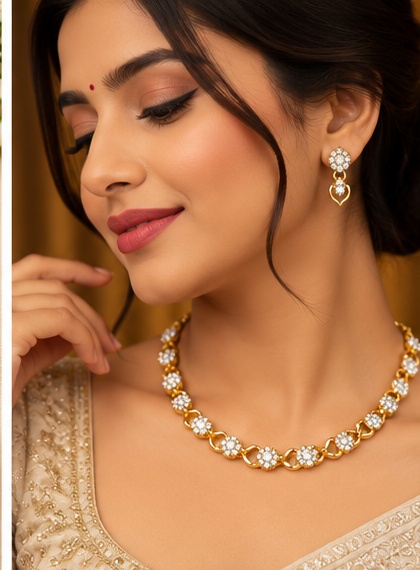 Elegant Gold-Tone Crystal Link Necklace with Matching Earrings