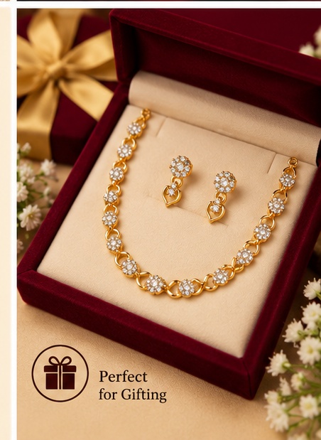 Elegant Gold-Tone Crystal Link Necklace with Matching Earrings