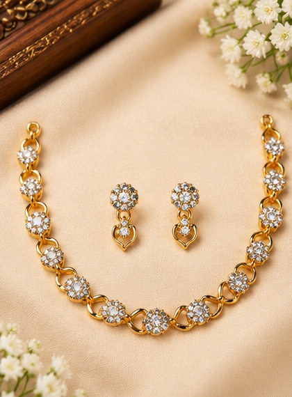 Elegant Gold-Tone Crystal Link Necklace with Matching Earrings
