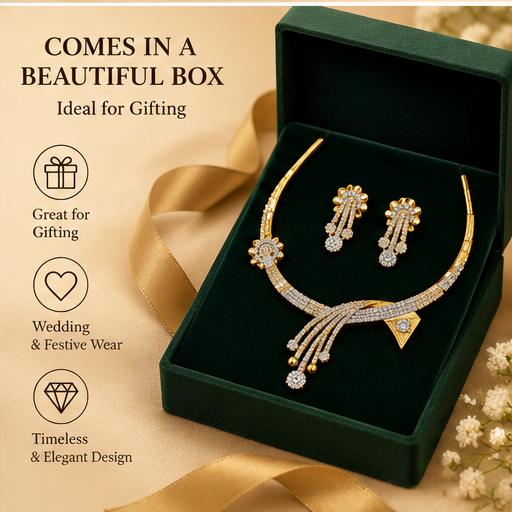 Elegant Gold-Tone Crystal Necklace Set with Matching Earrings