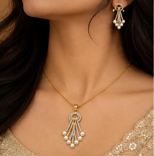 Elegant Gold-Tone Pearl Pendant Necklace Set with Matching Earrings