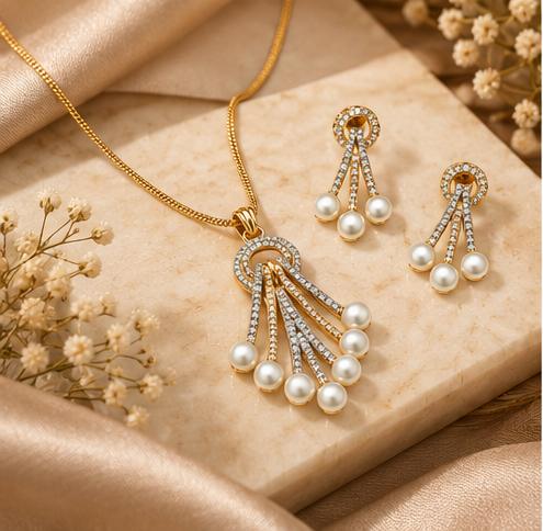 Elegant Gold-Tone Pearl Pendant Necklace Set with Matching Earrings