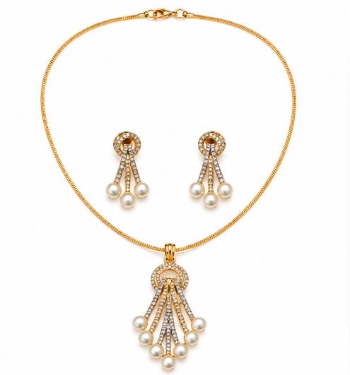 Elegant Gold-Tone Pearl Pendant Necklace Set with Matching Earrings