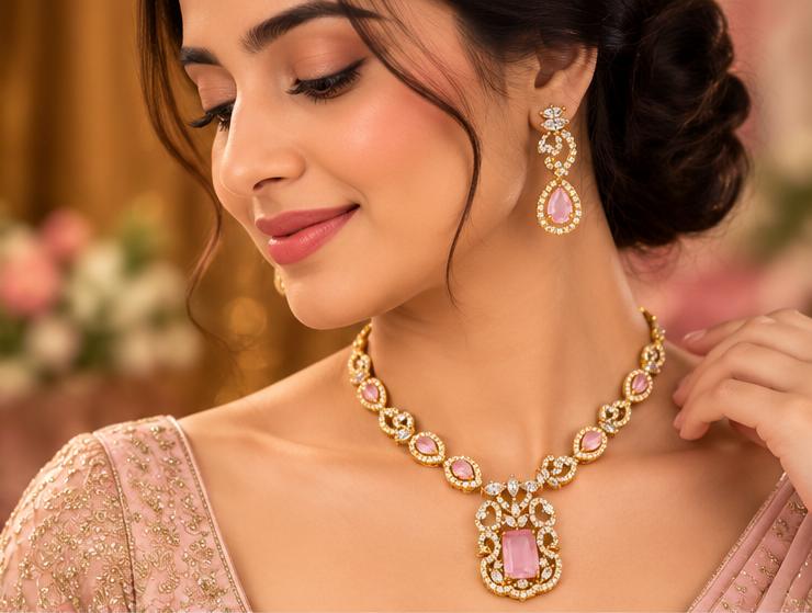 Elegant Gold-Tone Pink Stone Necklace Set with Matching Drop Earrings