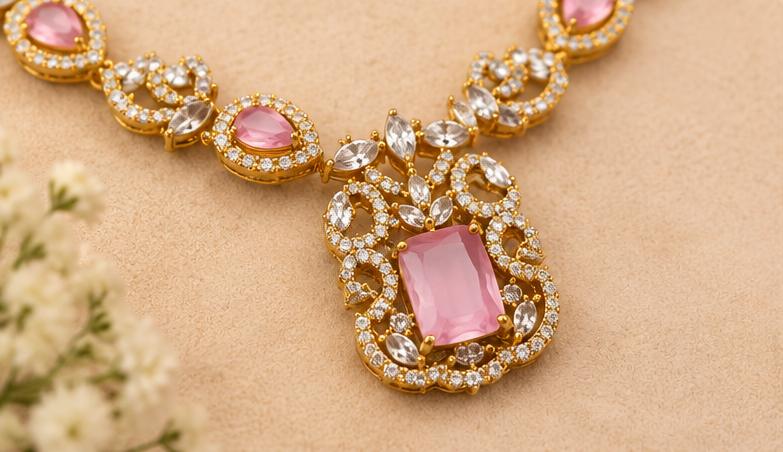 Elegant Gold-Tone Pink Stone Necklace Set with Matching Drop Earrings