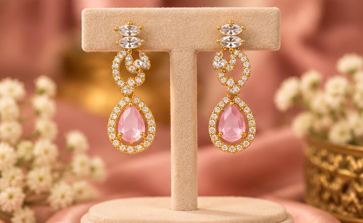 Elegant Gold-Tone Pink Stone Necklace Set with Matching Drop Earrings