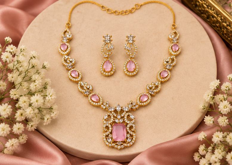 Elegant Gold-Tone Pink Stone Necklace Set with Matching Drop Earrings