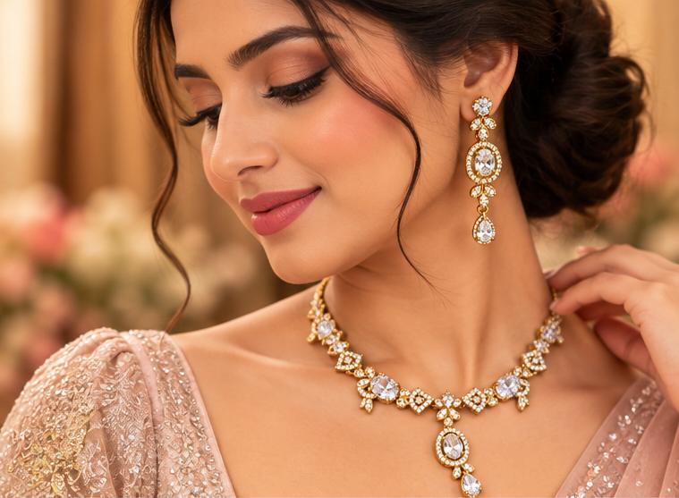 Elegant Gold-Tone White Crystal Necklace Set with Matching Long Drop Earrings