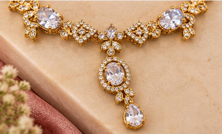 Elegant Gold-Tone White Crystal Necklace Set with Matching Long Drop Earrings