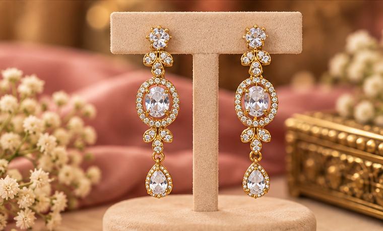 Elegant Gold-Tone White Crystal Necklace Set with Matching Long Drop Earrings