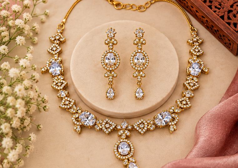 Elegant Gold-Tone White Crystal Necklace Set with Matching Long Drop Earrings