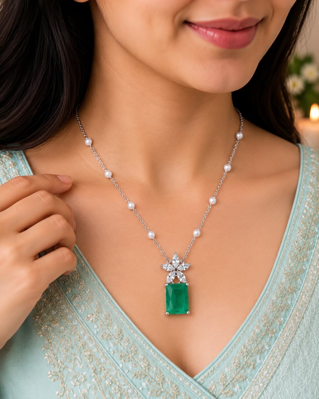 Floral Cubic Zirconia Pendant Necklace | Statement Gemstone Pendant with Adjustable Chain | Elegant Necklace for Women (Pendant Only, Earrings Not Included)