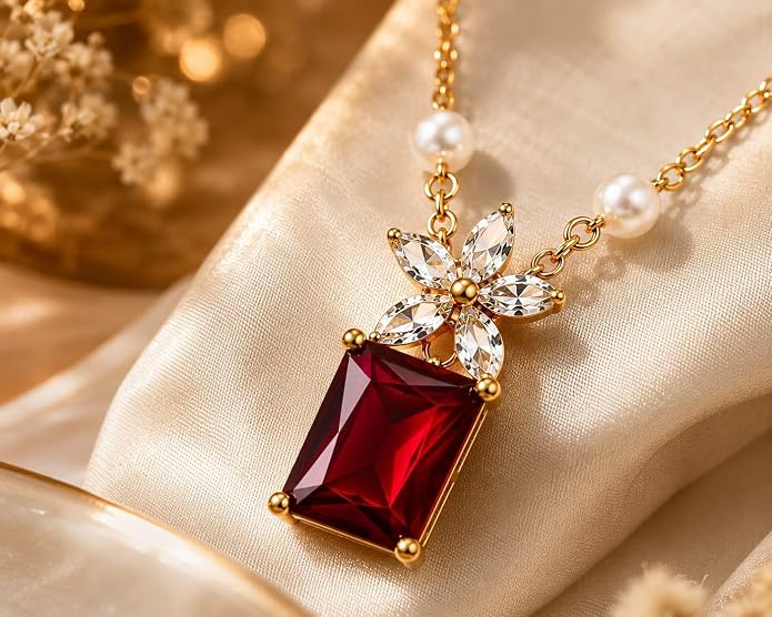 Floral Cubic Zirconia Pendant Necklace | Statement Gemstone Pendant with Adjustable Chain | Elegant Necklace for Women (Pendant Only, Earrings Not Included)