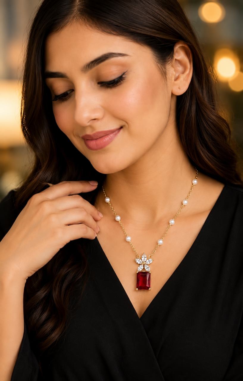 Floral Cubic Zirconia Pendant Necklace | Statement Gemstone Pendant with Adjustable Chain | Elegant Necklace for Women (Pendant Only, Earrings Not Included)