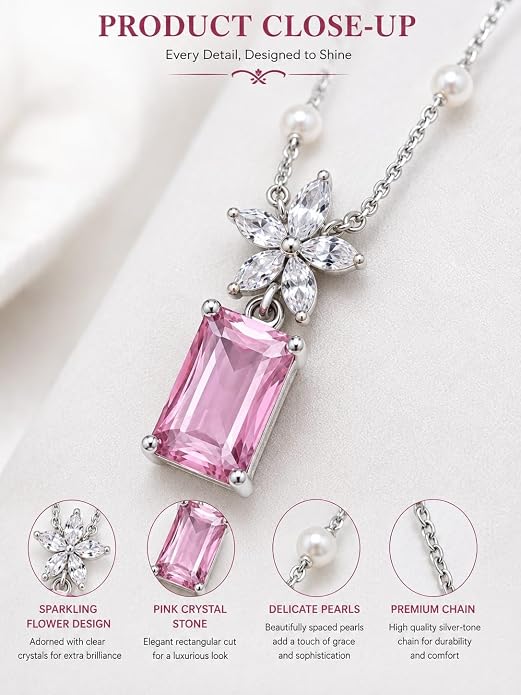 Floral Cubic Zirconia Pendant Necklace | Statement Gemstone Pendant with Adjustable Chain | Elegant Necklace for Women (Pendant Only, Earrings Not Included)