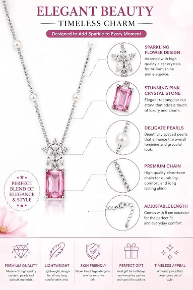 Floral Cubic Zirconia Pendant Necklace | Statement Gemstone Pendant with Adjustable Chain | Elegant Necklace for Women (Pendant Only, Earrings Not Included)
