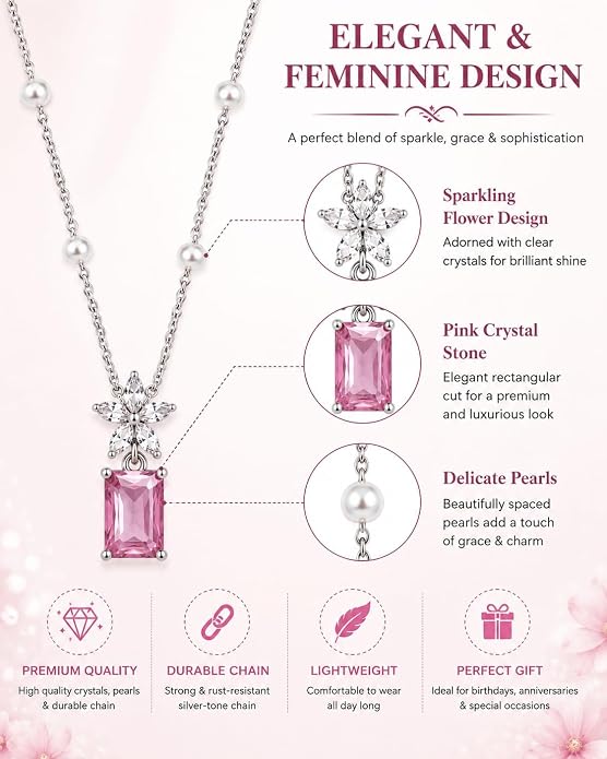 Floral Cubic Zirconia Pendant Necklace | Statement Gemstone Pendant with Adjustable Chain | Elegant Necklace for Women (Pendant Only, Earrings Not Included)