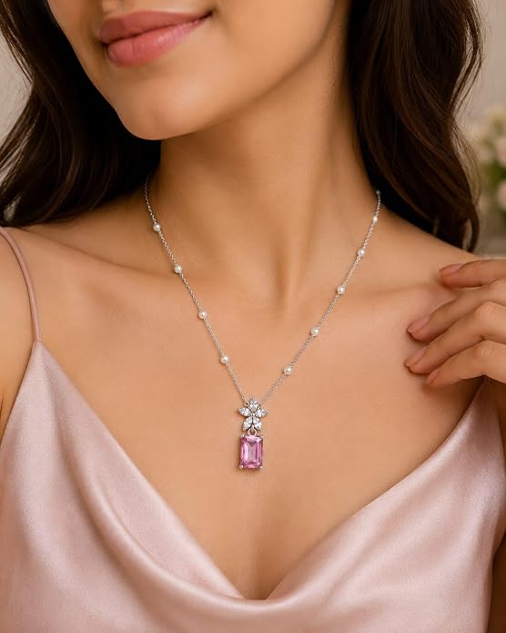Floral Cubic Zirconia Pendant Necklace | Statement Gemstone Pendant with Adjustable Chain | Elegant Necklace for Women (Pendant Only, Earrings Not Included)