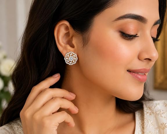 Floral Stud Earrings for Women | Cubic Zirconia Studded | Premium Plated Flower Design Ear Studs | Hypoallergenic Daily
