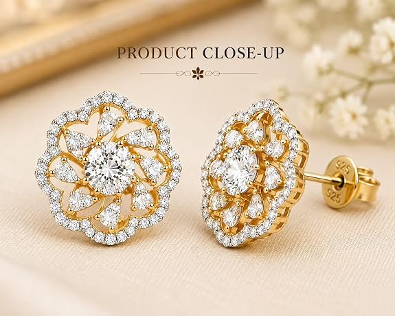 Floral Stud Earrings for Women | Cubic Zirconia Studded | Premium Plated Flower Design Ear Studs | Hypoallergenic Daily