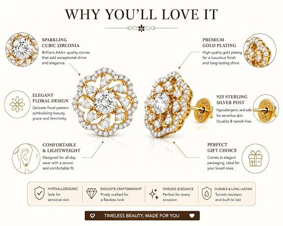 Floral Stud Earrings for Women | Cubic Zirconia Studded | Premium Plated Flower Design Ear Studs | Hypoallergenic Daily