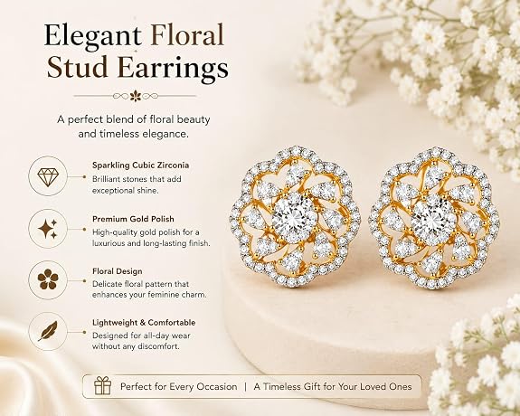 Floral Stud Earrings for Women | Cubic Zirconia Studded | Premium Plated Flower Design Ear Studs | Hypoallergenic Daily