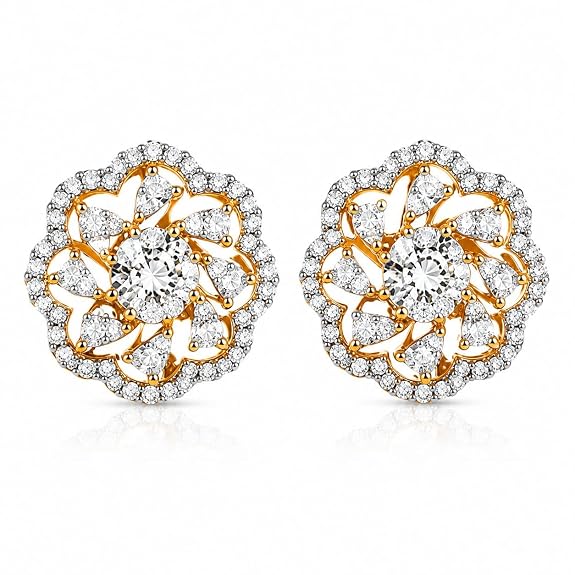Floral Stud Earrings for Women | Cubic Zirconia Studded | Premium Plated Flower Design Ear Studs | Hypoallergenic Daily