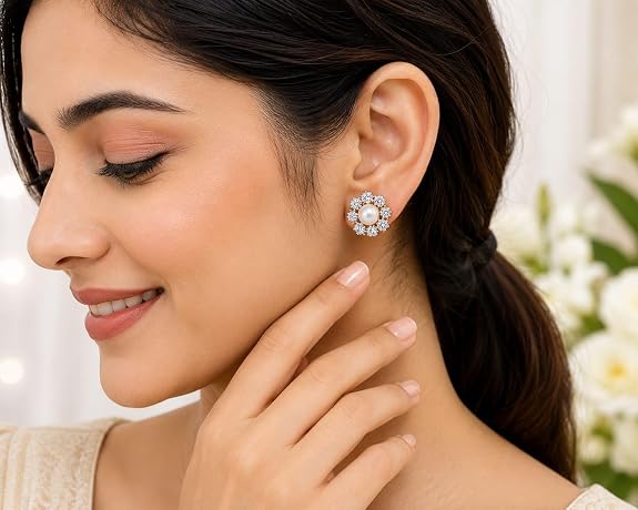 Floral Stud Earrings for Women Cubic Zirconia Studded, Premium Plated, Flower Design, Hypoallergenic Daily Wear