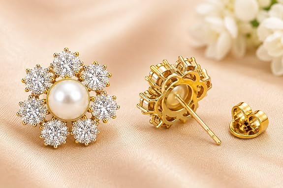 Floral Stud Earrings for Women Cubic Zirconia Studded, Premium Plated, Flower Design, Hypoallergenic Daily Wear