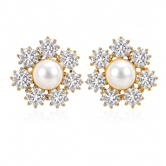 Floral Stud Earrings for Women Cubic Zirconia Studded, Premium Plated, Flower Design, Hypoallergenic Daily Wear