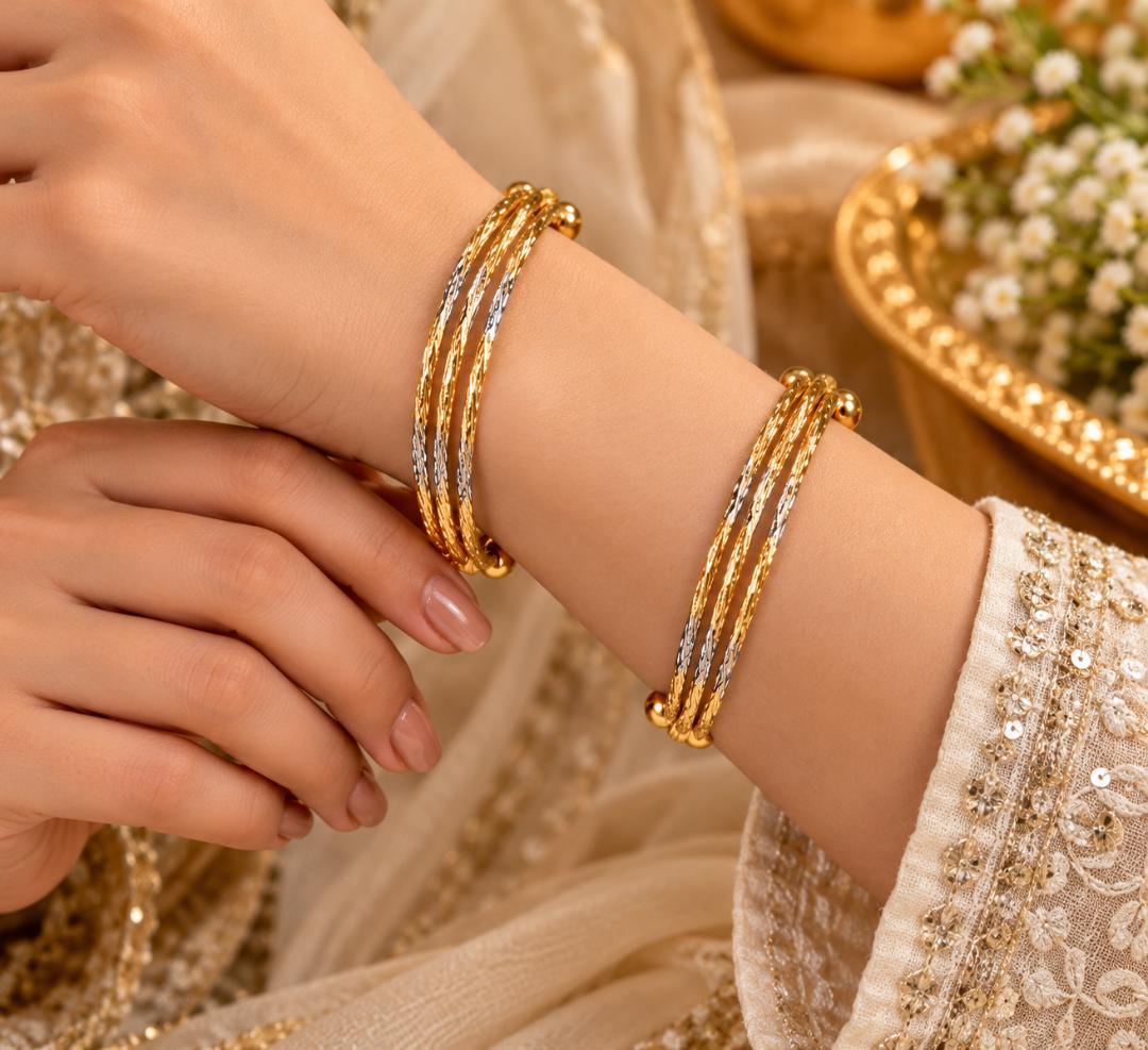 Gold and Silver Tone 3-Line Twisted Open Cuff Bangles for Women