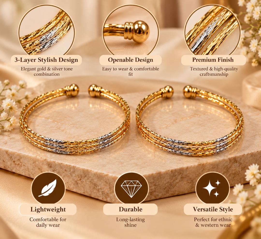 Gold and Silver Tone 3-Line Twisted Open Cuff Bangles for Women