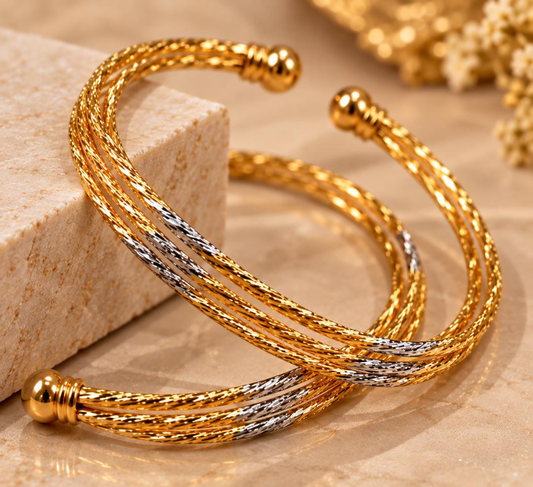 Gold and Silver Tone 3-Line Twisted Open Cuff Bangles for Women