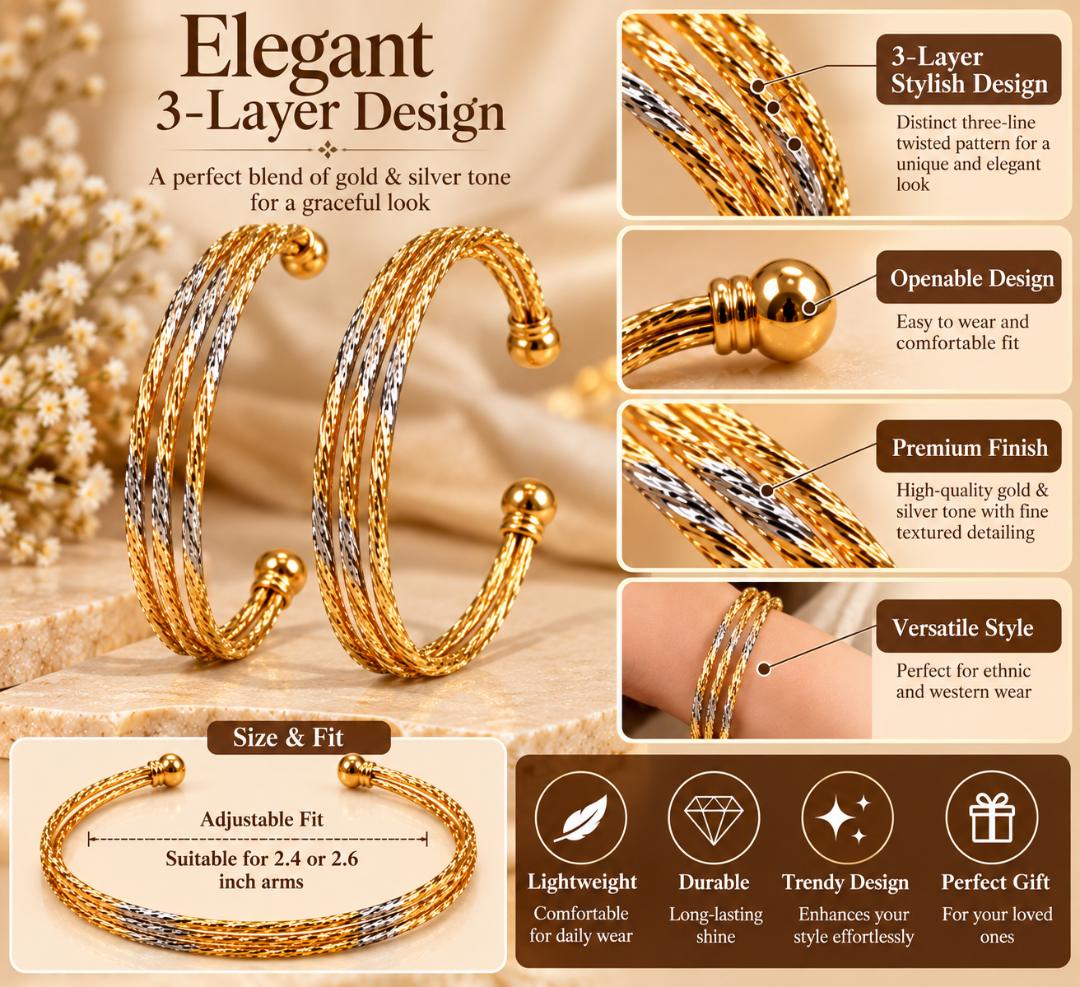 Gold and Silver Tone 3-Line Twisted Open Cuff Bangles for Women