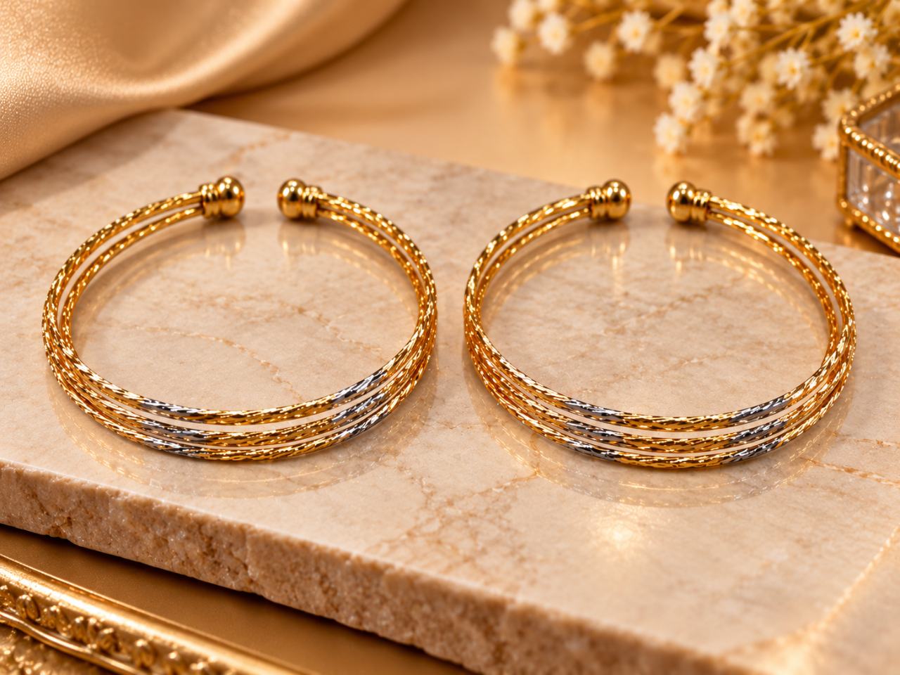 Gold and Silver Tone 3-Line Twisted Open Cuff Bangles for Women