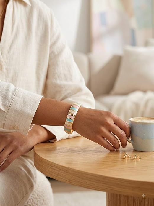 Gold Finish Enamel Cuff Bracelet with Multicolor Pastel Accents