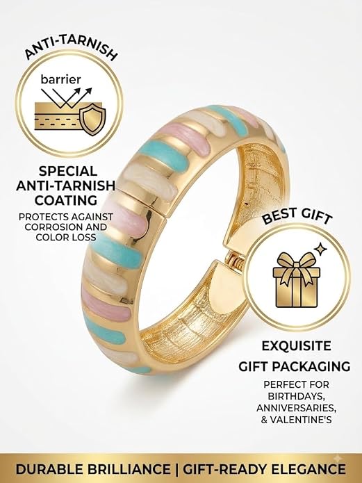 Gold Finish Enamel Cuff Bracelet with Multicolor Pastel Accents