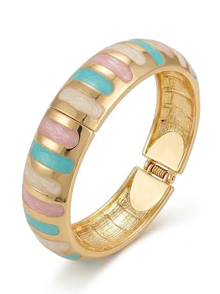 Gold Finish Enamel Cuff Bracelet with Multicolor Pastel Accents