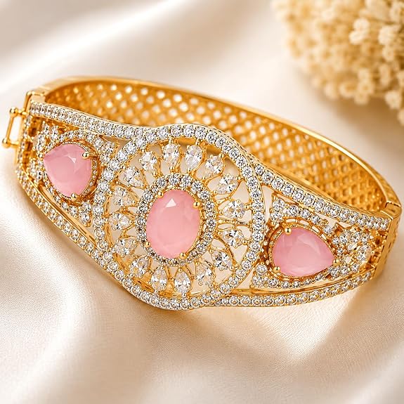 Gold Plated Bracelet with Pink Stones and Cubic Zirconia
