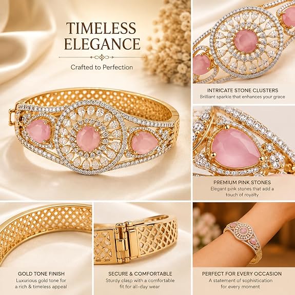 Gold Plated Bracelet with Pink Stones and Cubic Zirconia