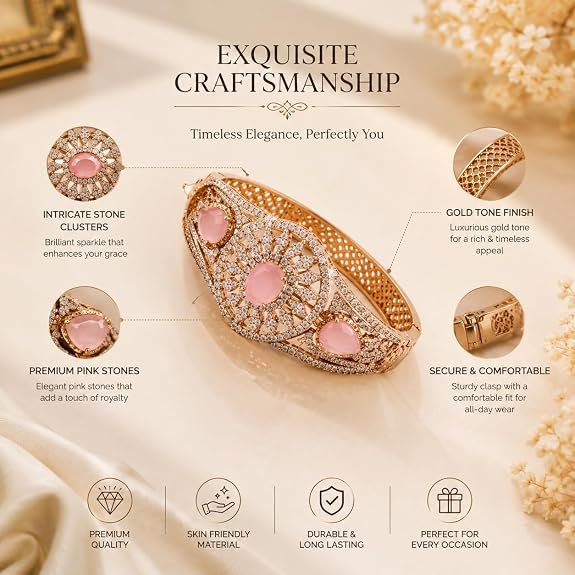 Gold Plated Bracelet with Pink Stones and Cubic Zirconia