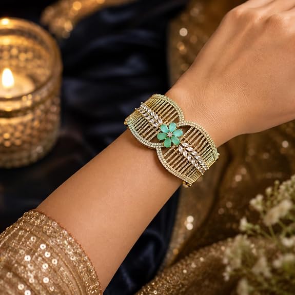 Gold-Plated CZ Stone Cuff Bangle with Aqua Floral Accent, Wide Statement Design, Hinged Closure